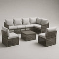 Salon de jardin 7 pièces 6 places en acier avec canapé d’angle en L, 2 fauteuils et table basse, taupe et gris clair, canapé 285 × 150 × 78 cm