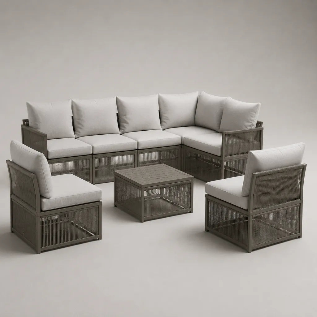 Salon de jardin 7 pièces 6 places en acier avec canapé d’angle en L, 2 fauteuils et table basse, taupe et gris clair, canapé 285 × 150 × 78 cm