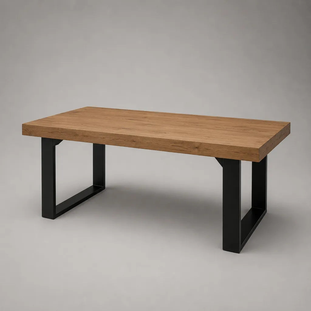 Table basse rectangulaire en pin massif et acier noir, 120 × 60 × 45 cm, marron et noir