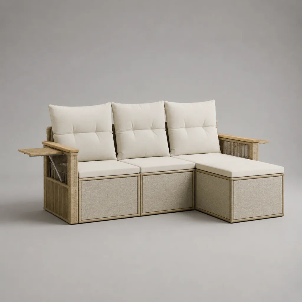 Canapé de jardin d’angle 3 places en résine tressée beige avec méridienne droite, rangements, tablette en bois et coussins crème, 210 × 145 × 88 cm