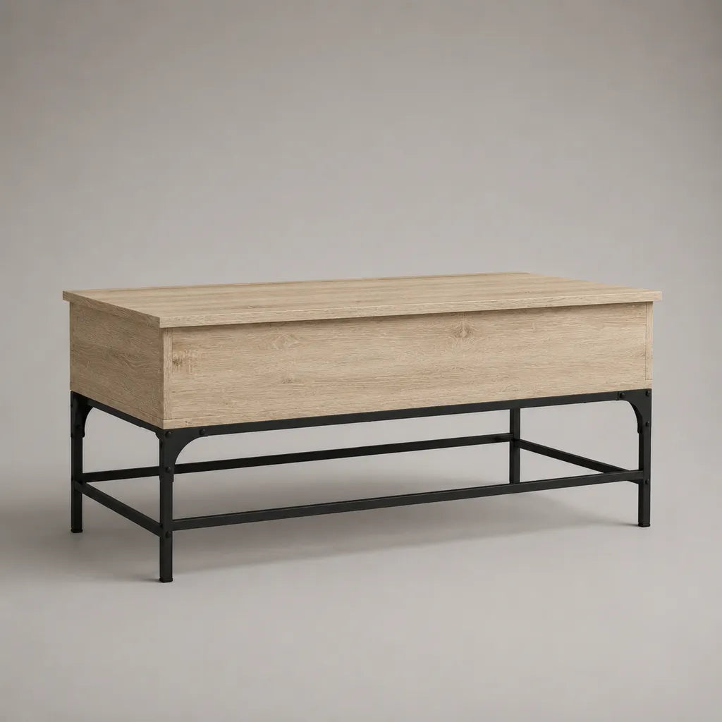 Table basse coffre rectangulaire avec rangement en panneaux de particules mélaminés chêne clair et acier noir, 100 × 50 × 50 cm
