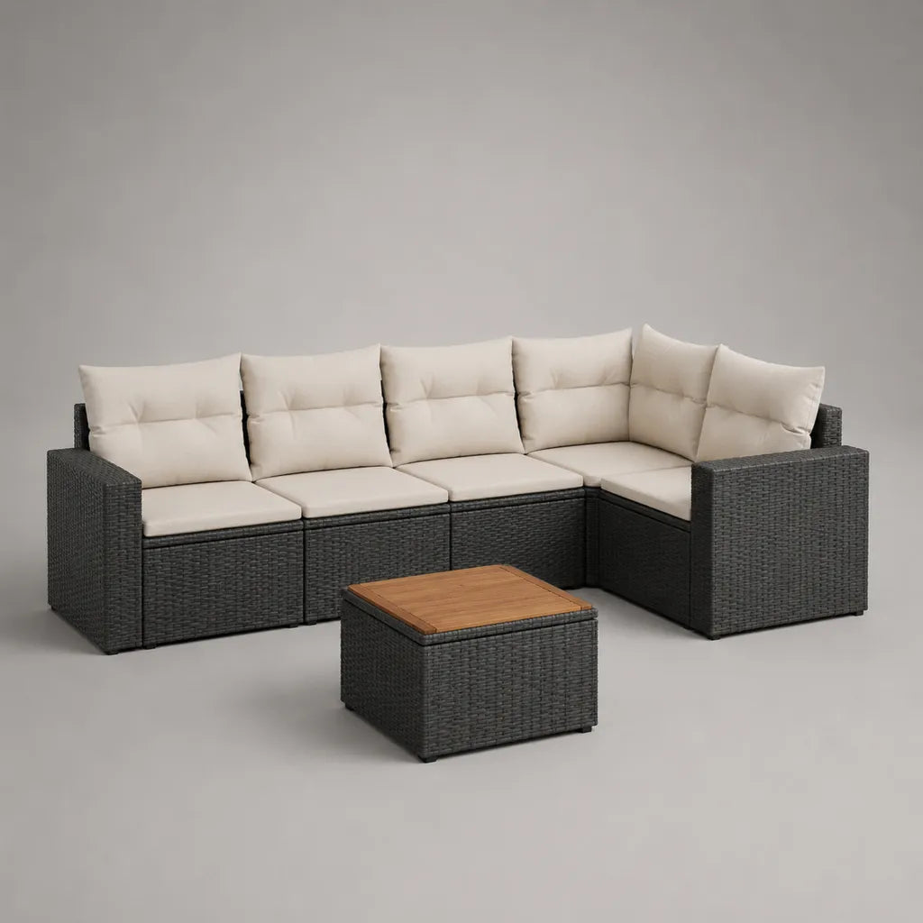 Ensemble canapé de jardin d’angle 5 places en résine tressée anthracite avec coussins beiges et table basse, 245 × 135 × 74 cm