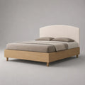 Lit double 160 × 200 cm avec cadre en bois plaqué chêne naturel et tête de lit arquée en tissu beige