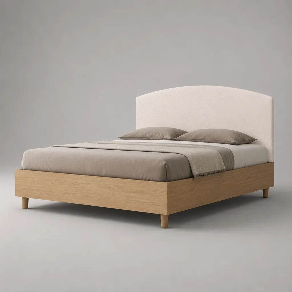 Lit double 160 × 200 cm avec cadre en bois plaqué chêne naturel et tête de lit arquée en tissu beige