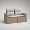 Canapé de jardin droit 2 places en résine tressée beige avec coussins en tissu gris clair, 132 × 72 × 86 cm