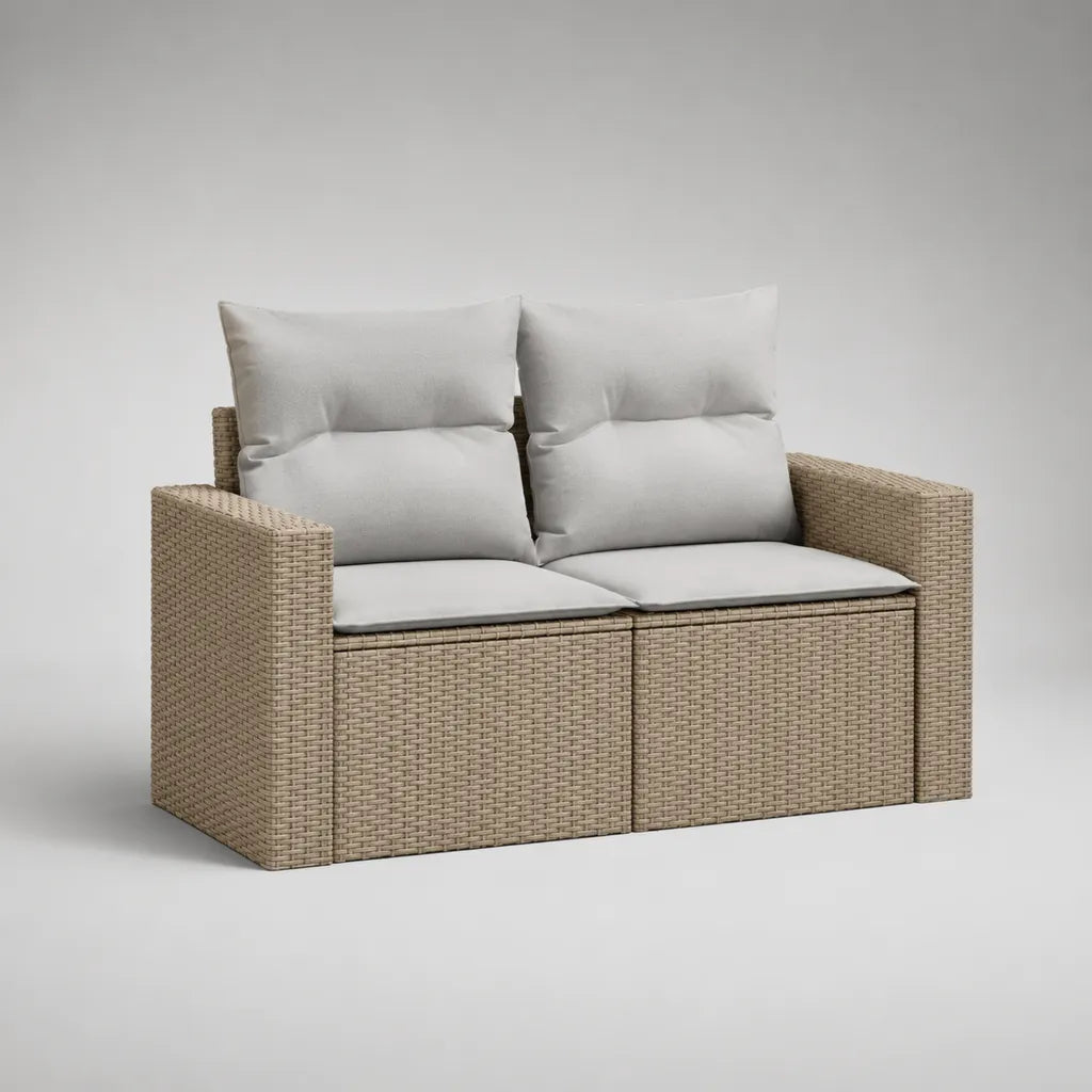 Canapé de jardin droit 2 places en résine tressée beige avec coussins en tissu gris clair, 132 × 72 × 86 cm