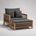Ensemble de jardin extérieur avec canapé 2 places et repose-pieds en acacia massif, corde polyester et tissu anthracite – canapé 130 × 75 × 85 cm, repose-pieds 100 × 60 × 42 cm