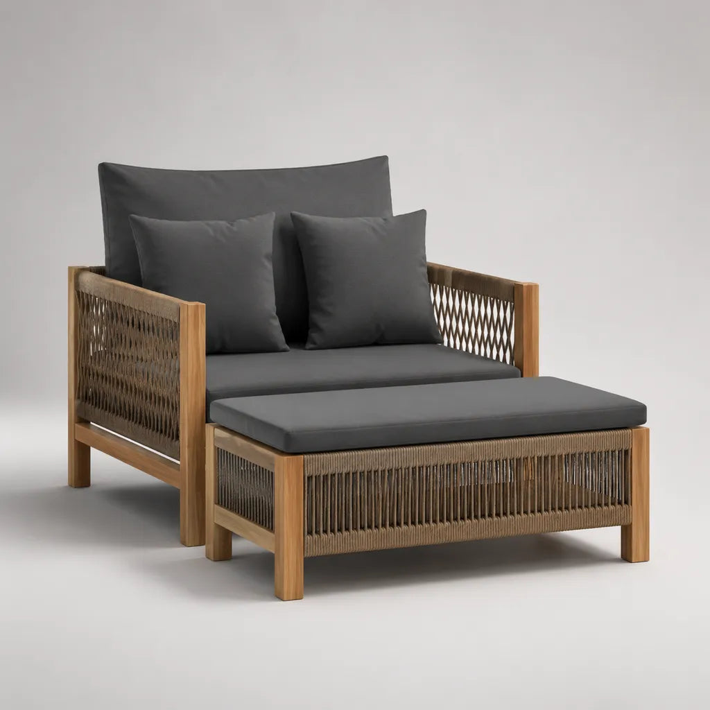 Ensemble de jardin extérieur avec canapé 2 places et repose-pieds en acacia massif, corde polyester et tissu anthracite – canapé 130 × 75 × 85 cm, repose-pieds 100 × 60 × 42 cm