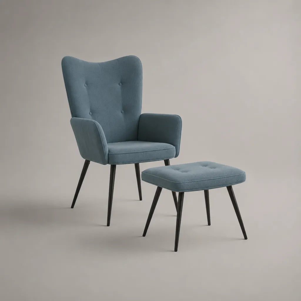 Ensemble fauteuil à oreilles en tissu bleu et repose-pieds avec pieds en acier noir – fauteuil 76 × 75 × 100 cm, repose-pieds 56 × 42 × 40 cm