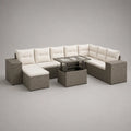 Canapé de jardin d’angle 8 places en résine tressée grise avec table relevable, 270 × 210 × 74 cm