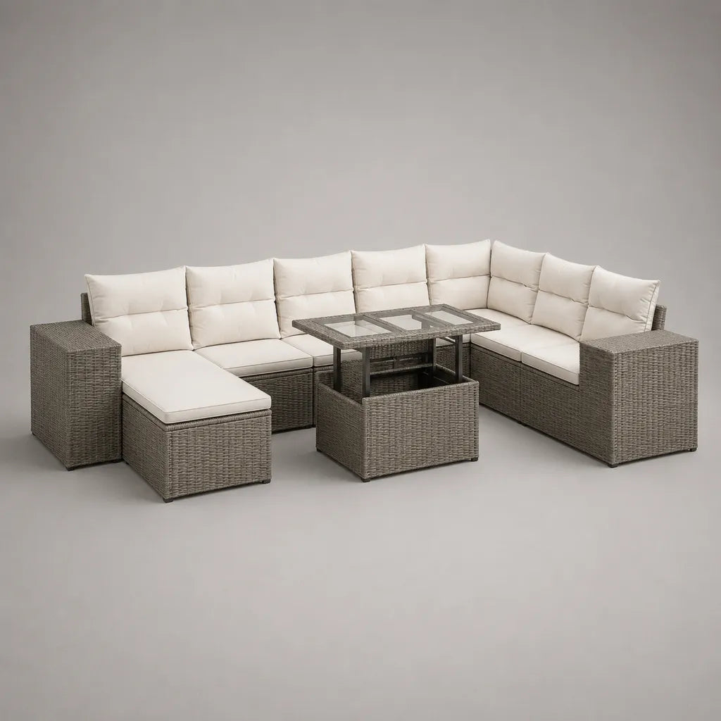 Canapé de jardin d’angle 8 places en résine tressée grise avec table relevable, 270 × 210 × 74 cm