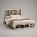 Lit double en bois beige grisé 160 × 200 cm avec tête de lit bibliothèque et rangements ouverts