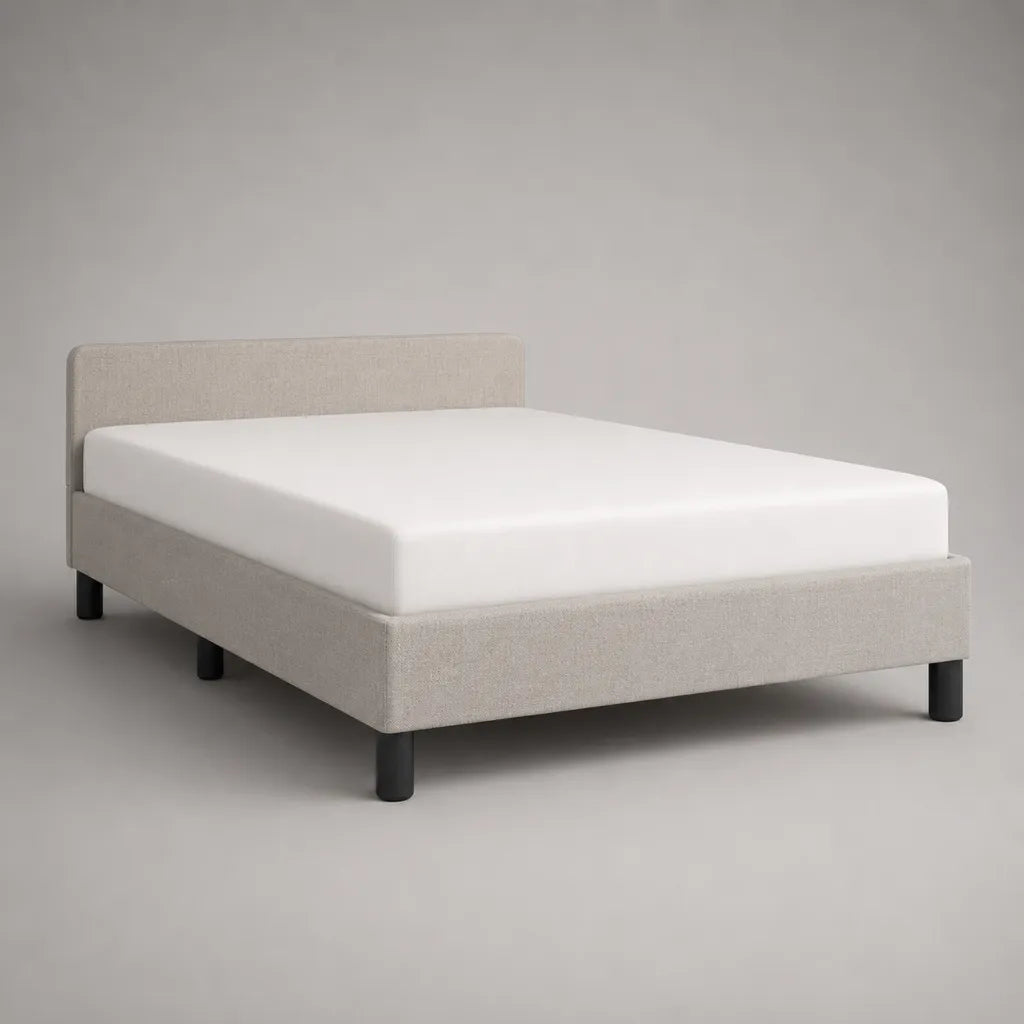 Lit double rembourré en tissu beige 160 × 200 cm avec sommier à lattes, cadre en bois et pieds noirs