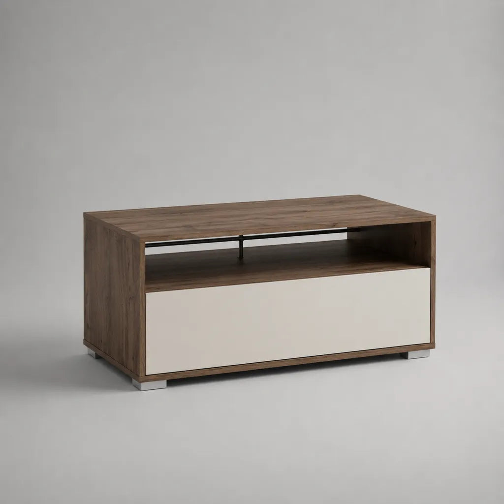 Table basse rectangulaire avec tiroir et niche, marron effet chêne et blanc, 100 × 50 × 50 cm