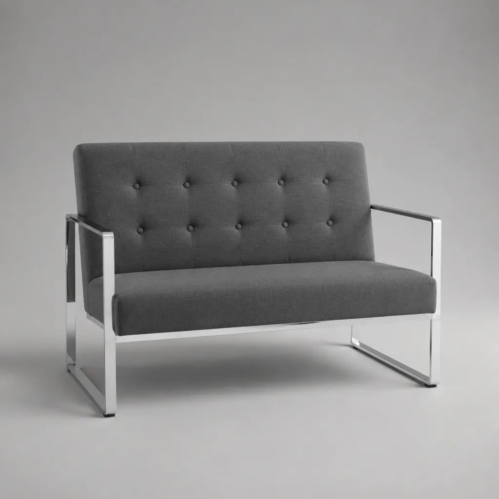 Canapé 2 places en tissu gris avec cadre en acier argenté, 125 × 70 × 80 cm