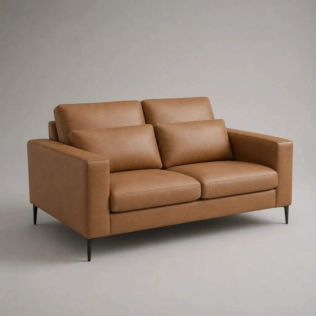 Canapé droit 2 places en cuir synthétique cognac avec pieds en acier noir, 170 × 88 × 86 cm