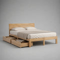 Lit double en bois avec tête de lit, sommier à lattes et 2 tiroirs, bois naturel, couchage 160 × 200 cm, dimensions 208 × 168 × 100 cm