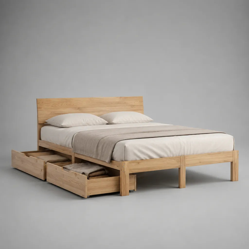Lit double en bois avec tête de lit, sommier à lattes et 2 tiroirs, bois naturel, couchage 160 × 200 cm, dimensions 208 × 168 × 100 cm