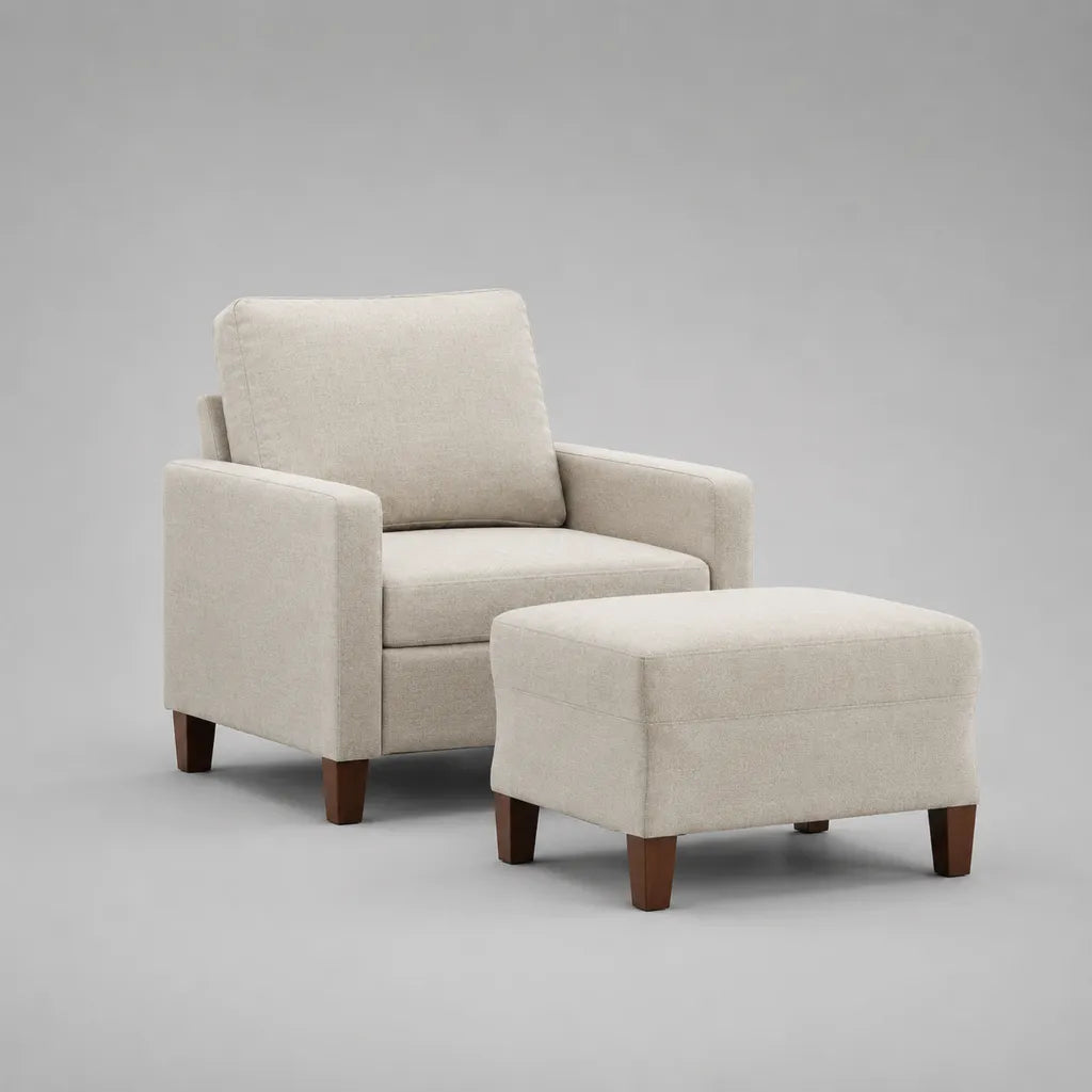 Ensemble fauteuil en tissu beige et repose-pieds rectangulaire avec pieds en bois – fauteuil 76 × 81 × 86 cm, repose-pieds 61 × 51 × 43 cm