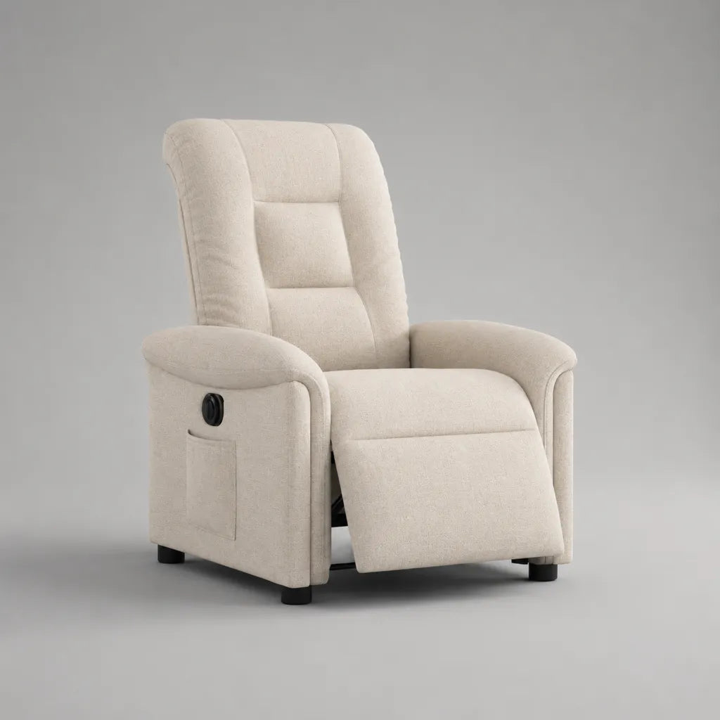 Fauteuil relax manuel en tissu beige crème avec dossier inclinable et repose-pieds, 74 × 90 × 105 cm