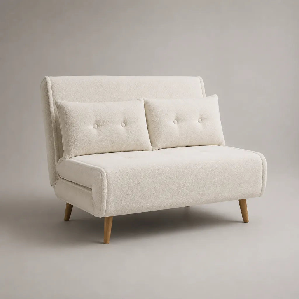 Canapé convertible droit 2 places en tissu bouclette blanc cassé avec 2 coussins, 130 × 78 × 82 cm