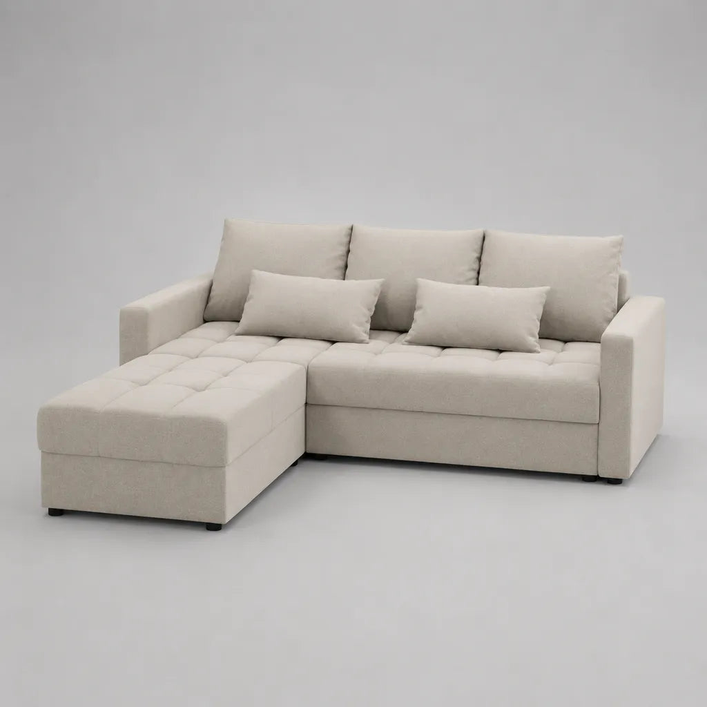 Canapé d’angle modulable 3 places avec pouf en tissu beige, 220 × 145 × 85 cm