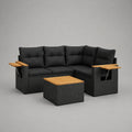 Ensemble de jardin d’angle 5 places en résine tressée PE, métal et bois, noir et brun naturel, canapé 191 × 191 × 75 cm et table 65 × 65 × 35 cm