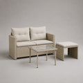 Salon de jardin 3 pièces en résine tressée beige avec canapé 2 places 124 × 68 × 78 cm, table basse 70 × 45 × 39 cm et pouf 45 × 45 × 40 cm, coussins écrus