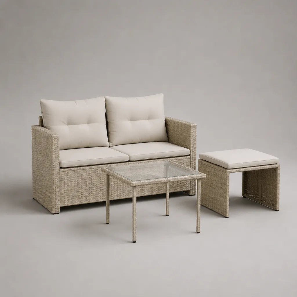 Salon de jardin 3 pièces en résine tressée beige avec canapé 2 places 124 × 68 × 78 cm, table basse 70 × 45 × 39 cm et pouf 45 × 45 × 40 cm, coussins écrus