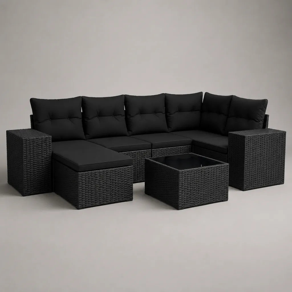 Salon de jardin modulable 6 places, ensemble 6 pièces en résine tressée noire avec coussins, 270 × 210 × 70 cm