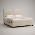 Cadre de lit double en tissu beige et métal 170 × 216 × 140 cm, couchage 160 × 200 cm, tête de lit capitonnée et sommier à lattes