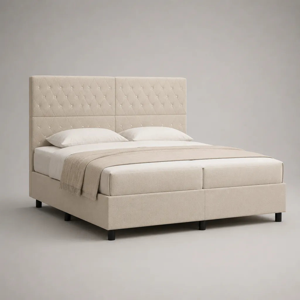 Cadre de lit double en tissu beige et métal 170 × 216 × 140 cm, couchage 160 × 200 cm, tête de lit capitonnée et sommier à lattes