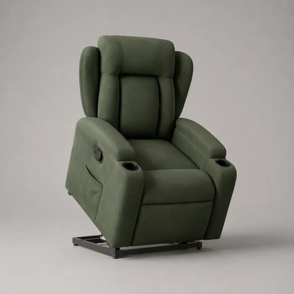 Fauteuil releveur inclinable électrique 1 place en microfibre polyester vert olive avec dossier haut et 2 porte-gobelets, 90 × 95 × 108 cm
