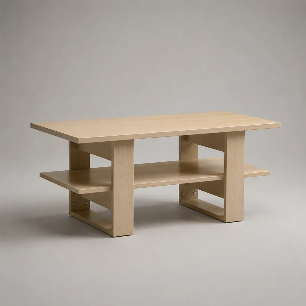 Table basse rectangulaire en panneaux de particules mélaminés effet chêne clair avec étagère, 100 × 60 × 45 cm