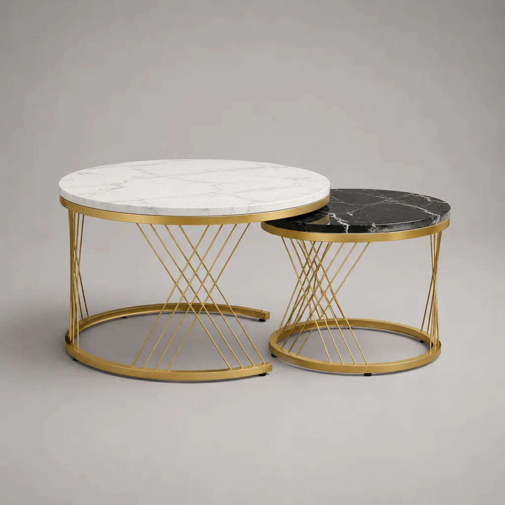 Lot de 2 tables basses gigognes rondes en MDF effet marbre et acier doré – Ø 80 × H 45 cm et Ø 60 × H 40 cm – blanc et noir
