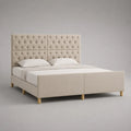 Cadre de lit double capitonné en velours polyester beige, couchage 160 × 200 cm, dimensions 170 × 215 × 150 cm
