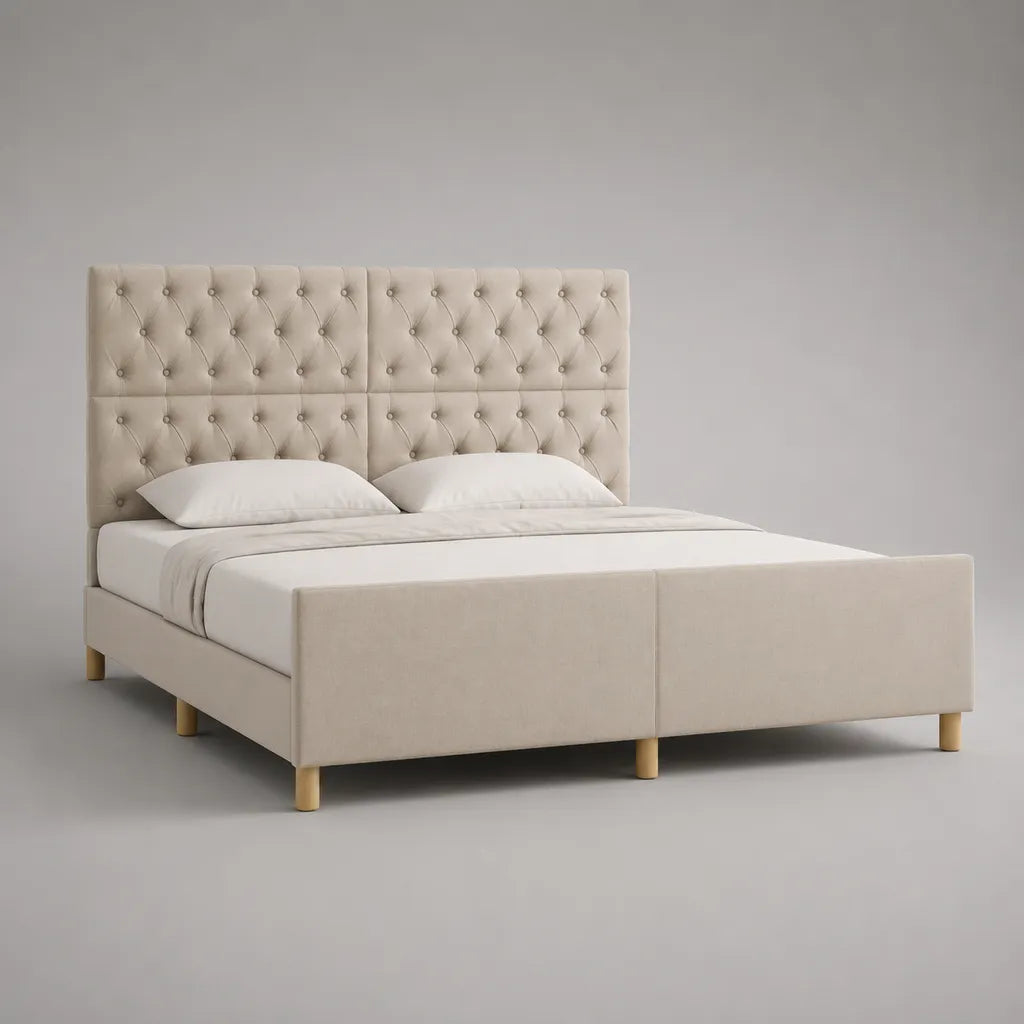 Cadre de lit double capitonné en velours polyester beige, couchage 160 × 200 cm, dimensions 170 × 215 × 150 cm