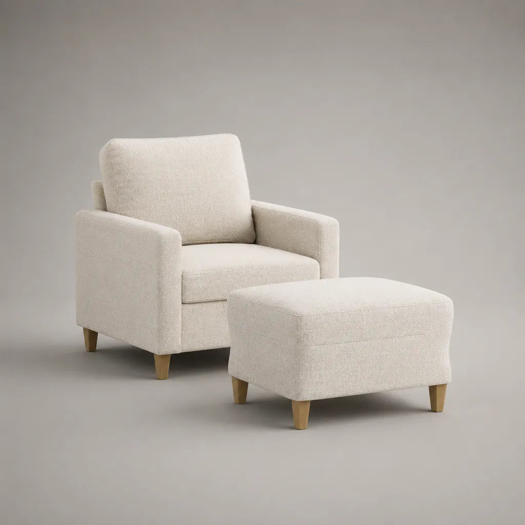 Ensemble fauteuil et repose-pieds en tissu bouclette écru, 78 × 82 × 88 cm et 65 × 50 × 42 cm