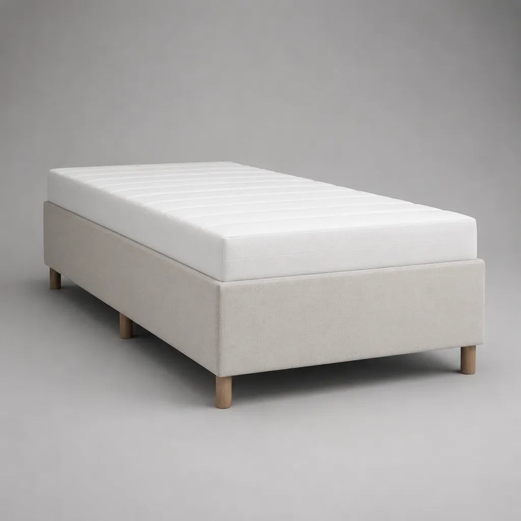 Ensemble lit 1 place avec matelas en mousse et sommier tapissier en polyester blanc et bois, 90 x 190 cm