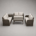 Salon de jardin extérieur 6 places, ensemble 5 pièces en aluminium et corde PE taupe avec coussins écrus, canapés 140 × 76 × 76 cm, table basse 110 × 60 × 42 cm et table d’appoint 50 × 50 × 52 cm