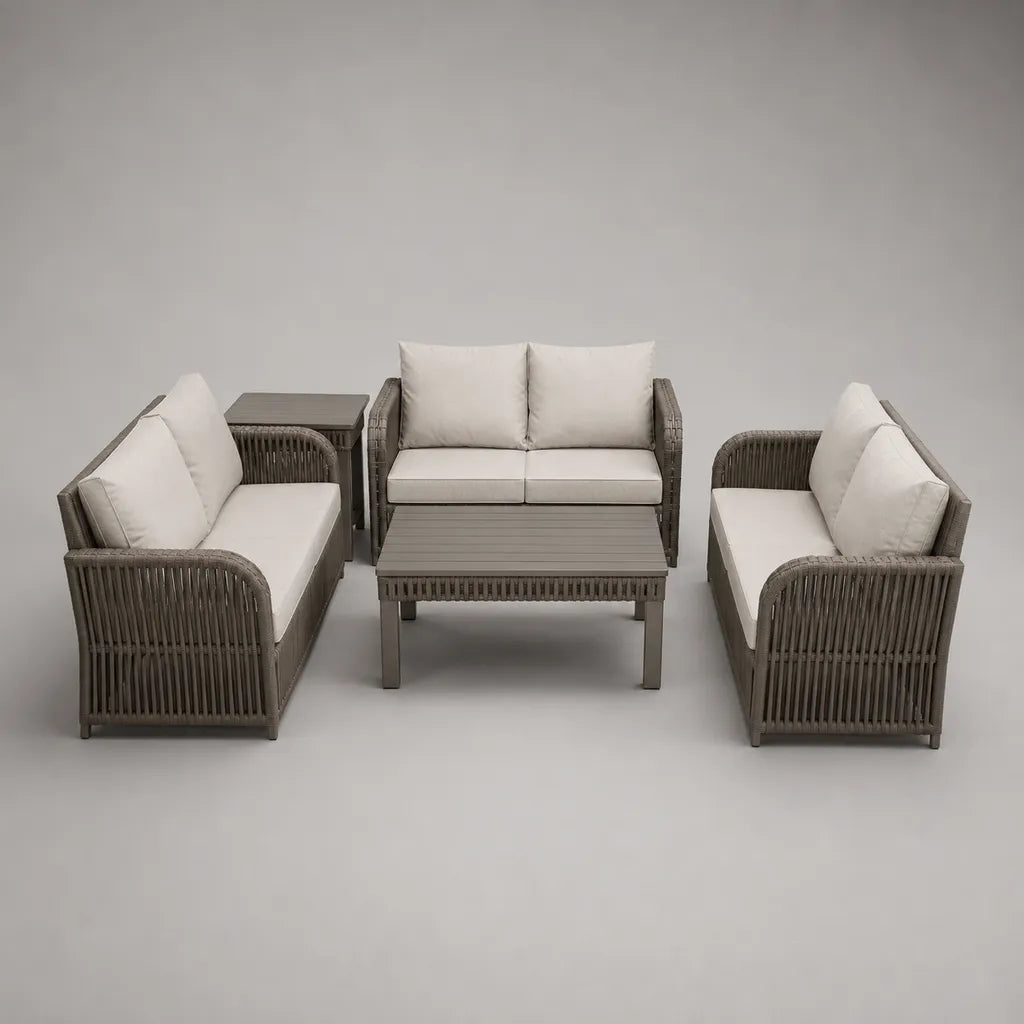 Salon de jardin extérieur 6 places, ensemble 5 pièces en aluminium et corde PE taupe avec coussins écrus, canapés 140 × 76 × 76 cm, table basse 110 × 60 × 42 cm et table d’appoint 50 × 50 × 52 cm