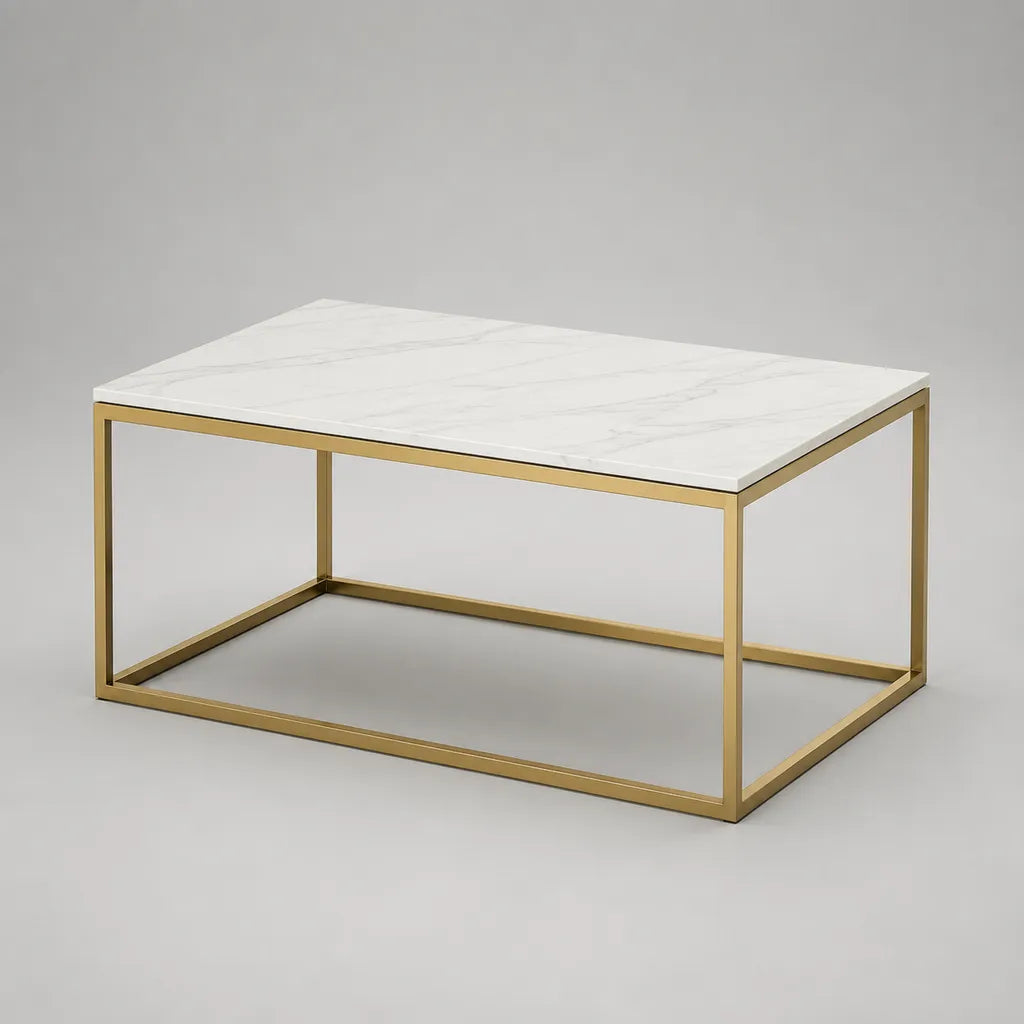 Table basse rectangulaire en MDF et acier doré, effet marbre blanc, 100 × 60 × 45 cm